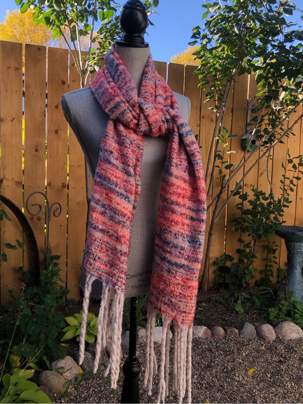 Boho Cozy Multicolour Coral Pink Stripe Fringe Fluffy Fall Winter Scarf